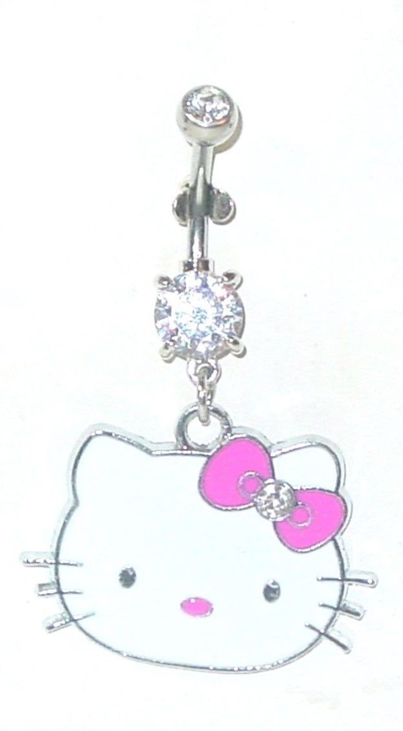 Kitty with Pink Bow and Nose belly ring navel ring 316l 14g Surgical Steel