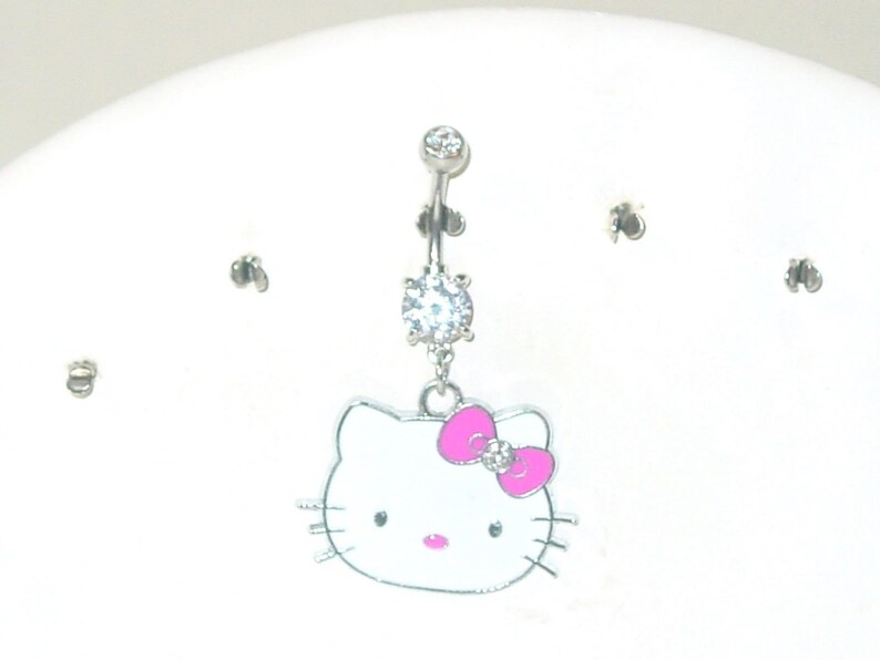 Kitty with Pink Bow and Nose belly ring navel ring 316l 14g Surgical Steel