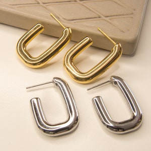 Rectangle Hoop Earrings, Fat Hoop Earrings, Chubby Hoop Earrings, Hollow Chunky Tube Hoop Earrings, Gold big hoop, Stainless Steel hoops