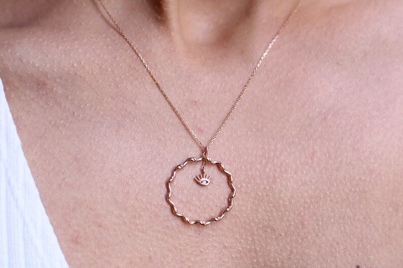 Delicate 14k Solid Rose or Yellow Gold Twisted Circle Evil Eye CZ Necklace