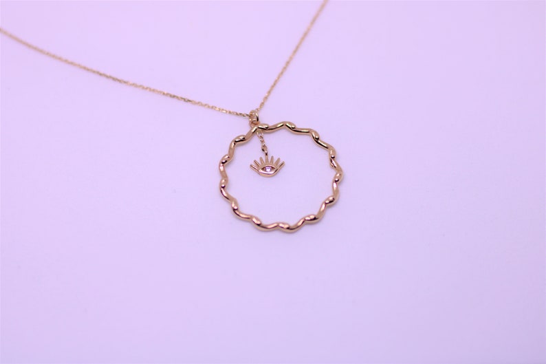 Delicate 14k Solid Rose or Yellow Gold Twisted Circle Evil Eye CZ Necklace