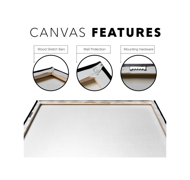 May include: A close-up of a canvas print with a wooden frame. The frame has a protective wall bumper and a sawtooth hanger for easy hanging. The canvas is stretched tightly over the frame.