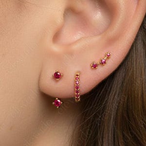 Ruby Dainty Earring Gift Set • Front Back Earrings • Huggie Hoop Earrings • Birthstone Earrings • gift ready for her • gift for mom set