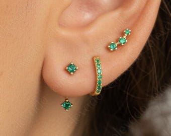 Emerald Earring Gift Set • Front Back Earring • Huggie Hoop Earrings • Birthstone Earrings • gift ready for her • gift for mom set