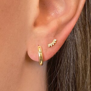 May include: Gold hoop earrings and a small gold earring with five small diamonds in a curved line.