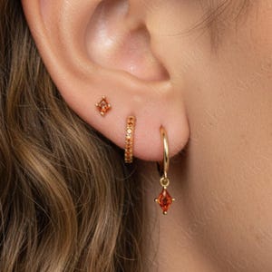 Garnet Diamond Sterling Silver Hoop Earring Set • Dainty Minimalist Jewelry