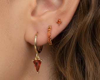 Garnet Trilliant Cut Sterling Silver Huggie Hoop Earrings Set