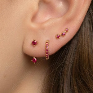 Sterling Silver Ruby Earring Set • Huggie Hoops, Front Back Earrings