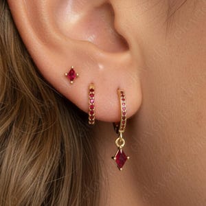Ruby Diamond Cut Sterling Silver Hoop Earring Set - July Birthstone