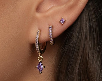 Amethyst Hoop Earring Set: Sterling Silver Paved Diamond Cut Jewelry
