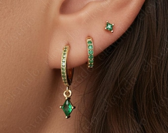 Emerald Sterling Silver Hoop Earring Set - May Birthstone