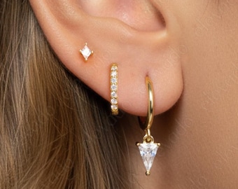 Trilliant Cut Diamond Huggie Hoop Earring Set: 925 Sterling Silver