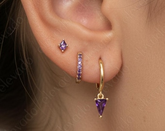 Amethyst Huggie Hoop Earring Set: Sterling Silver Trilliant Cut