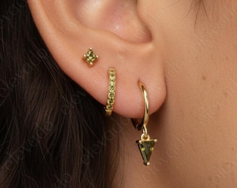 Peridot Huggie Hoop Earring Set: Sterling Silver Birthstone Jewelry