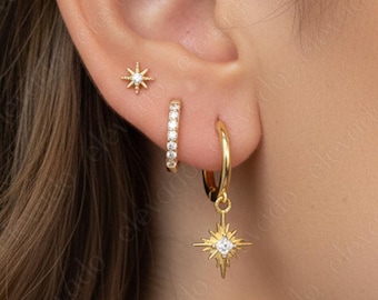 Starburst Huggie Hoop Earrings Set • Sterling Silver