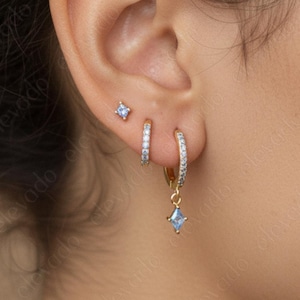 Aquamarin Sterling Silber Ohrring Set: Diamant Schnitt Geburtsstein Schmuck