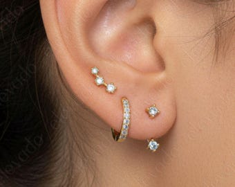 Sterling Silver Zircon Earring Set • Huggie Hoop & Front Back Earrings