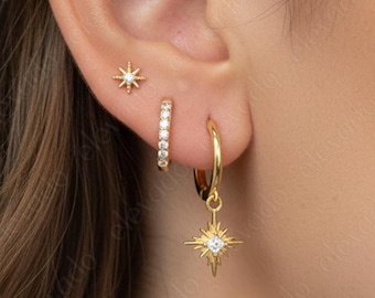 Starburst Diamond Hoop Earrings Gift Set • 18k Gold Plated Sterling Silver