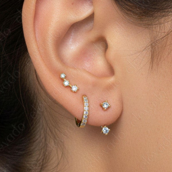 Blue Zircon Huggie Hoop Earrings Set: 18k Gold Plated Sterling Silver