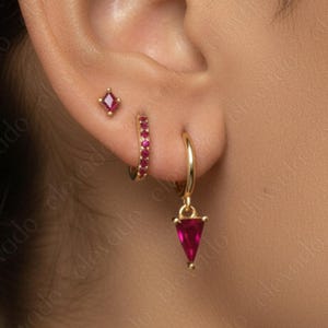 Trilliant Ruby Huggie Hoop Earring Set: Dainty 925 Sterling Silver