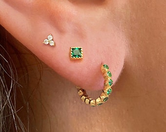 18G Square Emerald Cartilage Stud Earrings • dainty earrings • tiny stud earrings • small earrings • minimalist • gold emerald earrings