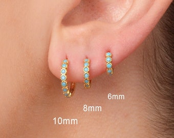Turquoise Hoop Bezel Earrings •  turquoise small hoop earrings • gold milgrain hoop earrings • turquoise gemstone huggie hoop earrings