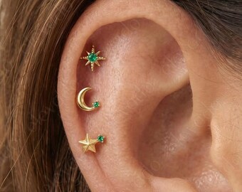 Emerald Celestial Earring Set: Gold Plated Sterling Silver Star, Moon, 16G/18G