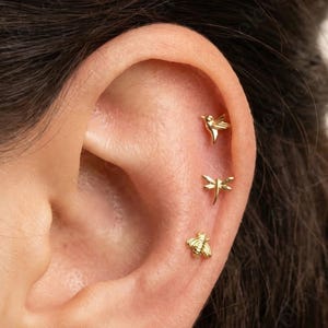 Gold Bird, Bee, Dragonfly Flat Back Earring Set: Sterling Silver Cartilage Jewelry