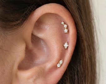 Diamond Flat Back Earring Set: 16G/18G Gold Plated Sterling Silver Helix Tragus Conch