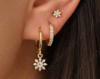 NEW • Diamond Floral Huggie Hoop Earring Set: 925 Sterling Silver