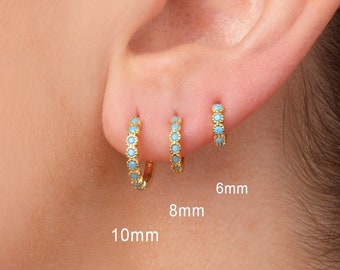 Turquoise Hoop Bezel Earrings •  turquoise small hoop earrings • gold milgrain hoop earrings • turquoise gemstone huggie hoop earrings