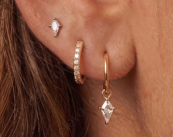 Sterling Silver Diamond Huggie Hoop Earrings Set • Minimalist Earring Stack