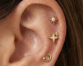 Celestial Cartilage Earring Set: Gold Plated Sterling Silver Flat Backs