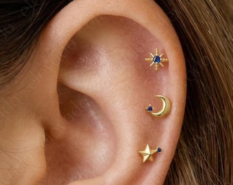 Sapphire Celestial Earring Set • Gold Plated Sterling Silver, Star Moon (Set of 3)