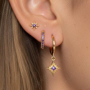 Amethyst Starburst Hoop Earrings Gift Set: Sterling Silver Huggies