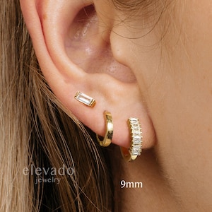 Emerald Gemstone Paved Baguette Paved Hoop Earrings • paved hoops • gold hoop earrings • delicate earrings • minimalist hoops