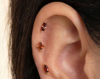 Garnet Flat Back Labret Earrings Set: Gold Plated Sterling Silver