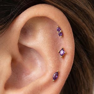Amethyst Gold Plated Labret Earring Set: 18G/16G Cartilage Helix Earrings