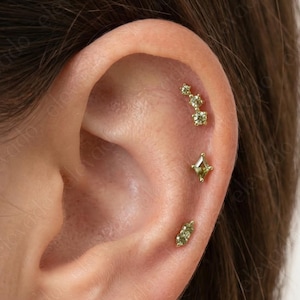 Peridot Cartilage Earring Set: Gold Plated Sterling Silver Helix Tragus Conch (Set of 3)