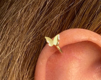 May include: A gold butterfly ear cuff. The cuff is worn on the upper part of the ear, with the butterfly facing outward.