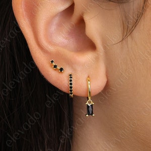 Black Baguette Cut Dangle Earring Gift Set • Hoop Earrings • Huggie Hoop Earrings • earring set • gift for her • gift for mom • gift set