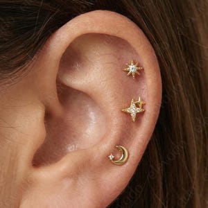 Celestial-oorbellenset: gouden ster, maan, helix oorbellen met platte achterkant