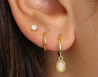 Iridescent Fire Opal Charm Huggie Hoop Gift Set • Dainty Earrings • earring set • gift ready • gift for her • gift for mom • gift set