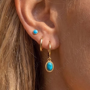 Turquoise Sterling Silver Ear Stack • Minimalist Gold Hoop Set