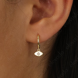 Dainty Eye Charm Hoop • gold star huggie hoop • silver star hoop • starburst dangle earrings • tiny gold hoops • tiny silver hoops