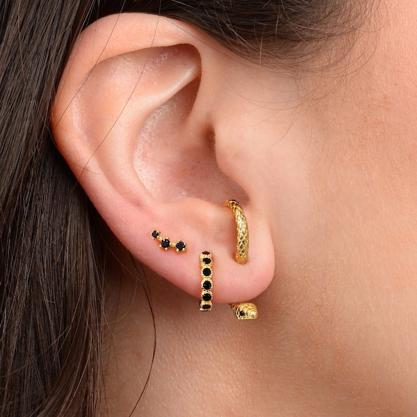 Black Onyx Serpent Sterling Silver Huggie Earrings • Minimalist Snake Jewelry