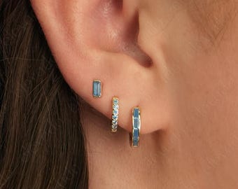 Aquamarine Baguette Sterling Silver Huggie Hoop Set • Inlay Earrings