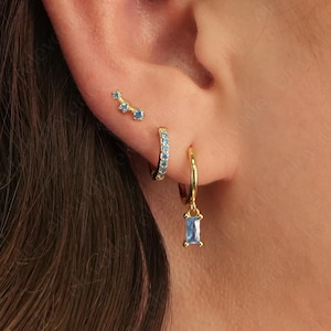 Aquamarine Earring Gift Stack Set •  birthstone personalized gift for her • bridesmaid gift • gift for mom • gold hoop • baguette stone hoop