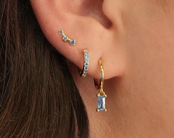 Aquamarine Sterling Silver Earring Set • Gold Hoop & Baguette