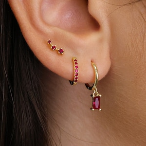 Ruby Baguette Hoop Earring Gift Set • ear stack • ruby earrings • minimalist jewelry • elevado jewelry